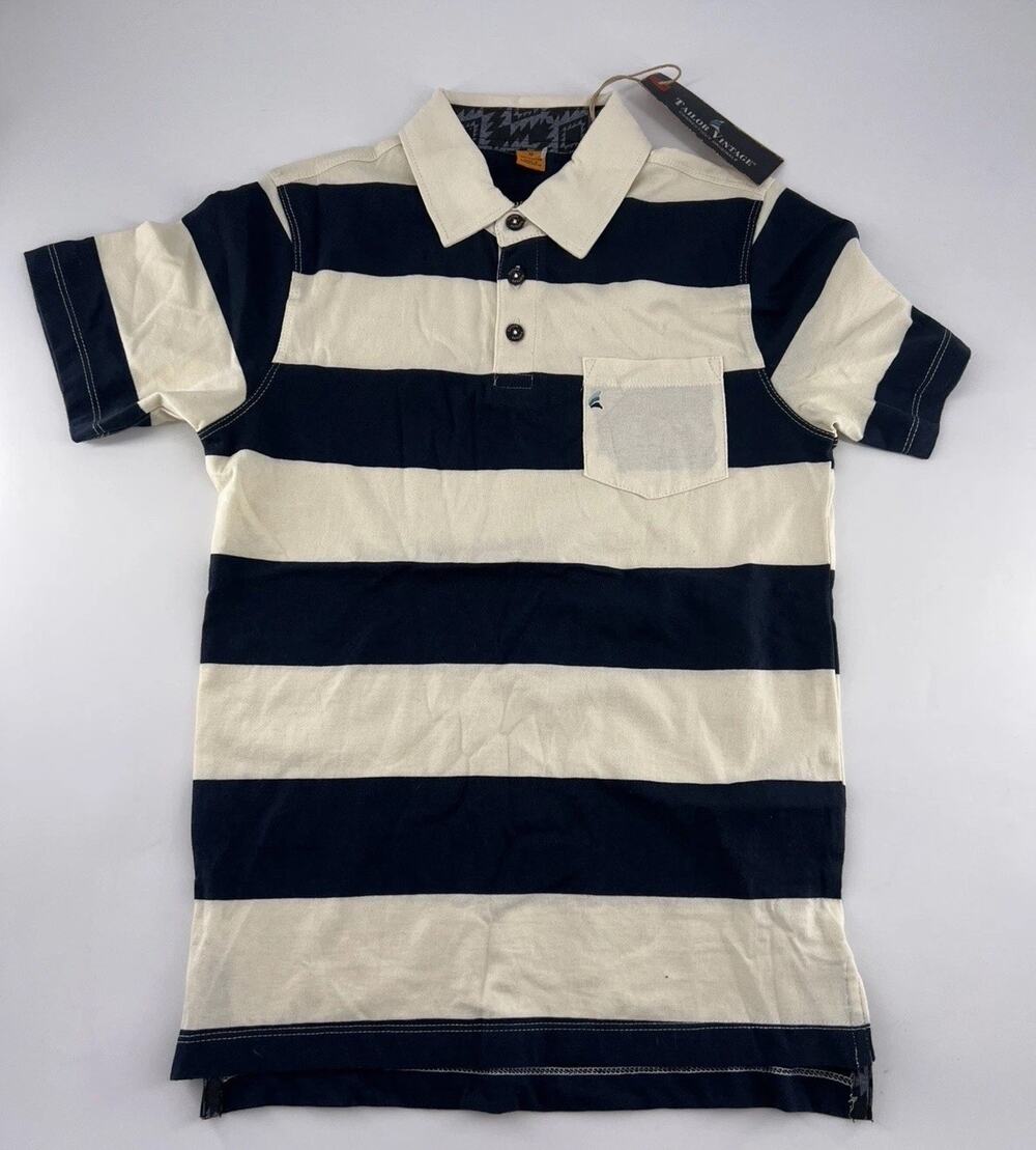 Tailor Vintage Polo Shirt Kids Size 12 Blue Cream Short Sleeve Dressy Cotton New
